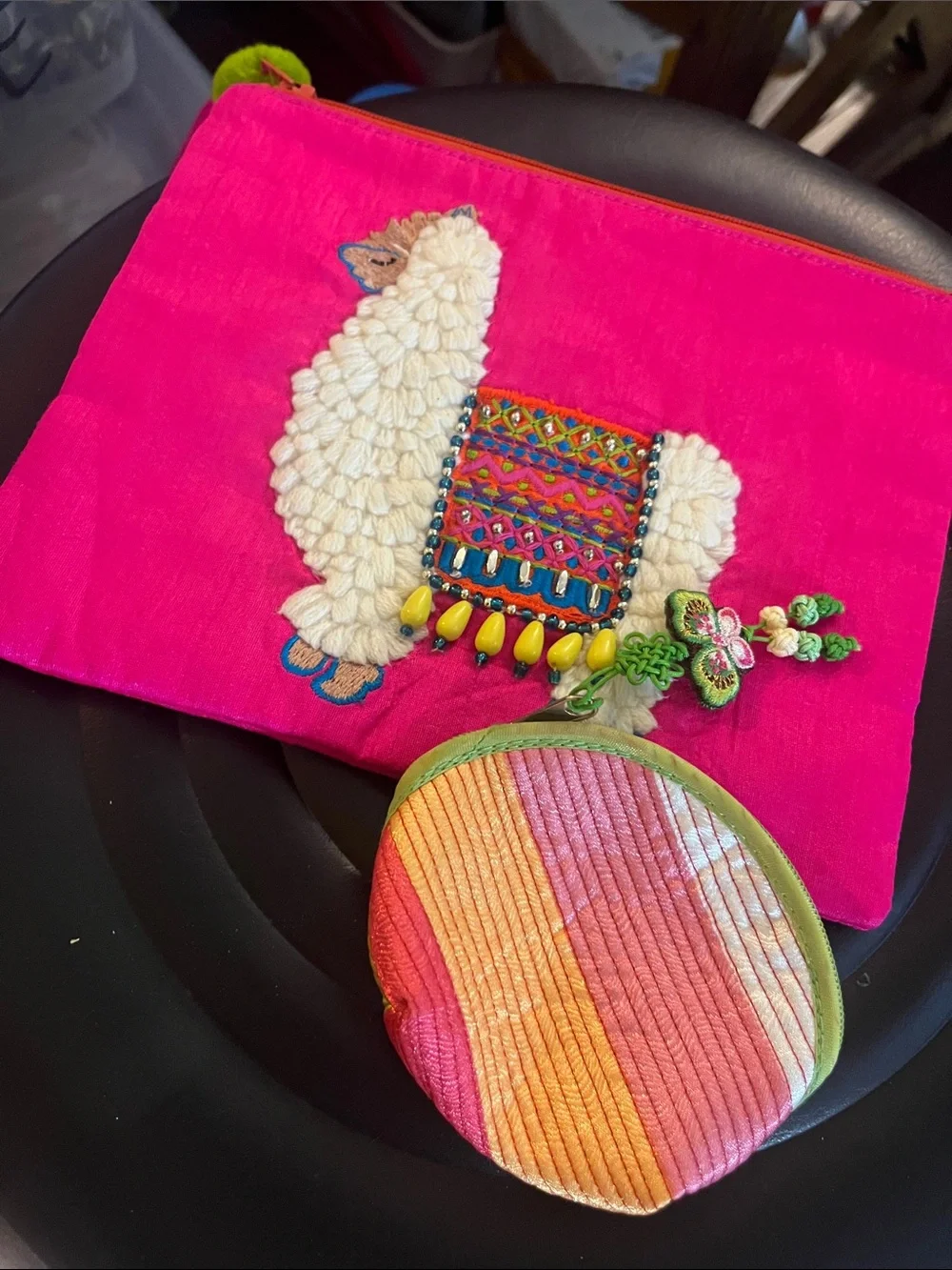 Bright Pink Embroidered Llama Pouch with Multicolor Coin Purse #30